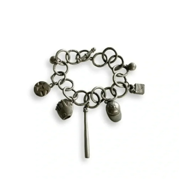 Jim Clift pewter baseball charm toggle clasp bracelet, bat hat ball baseball fan - Picture 5 of 7